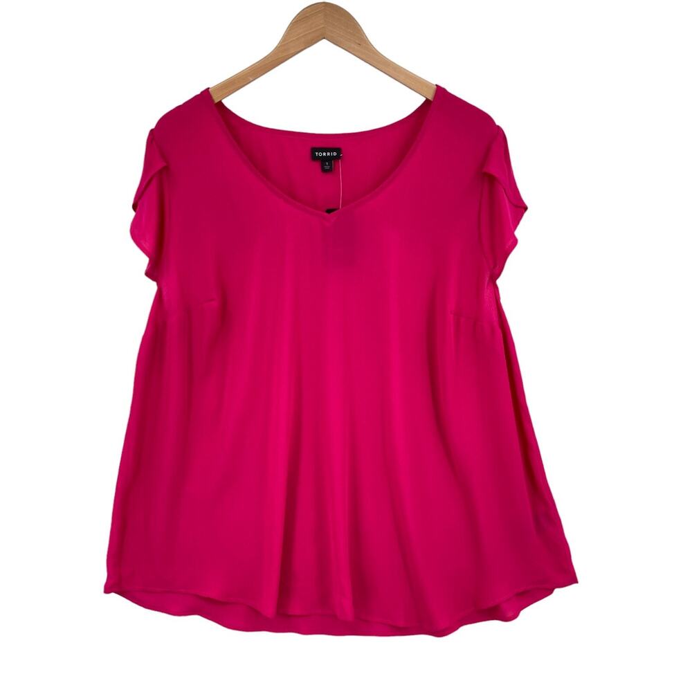 Torrid Blouse Top Womens Size 1 Strawberry Pink Chiffon Tulip Sleeve Pullover